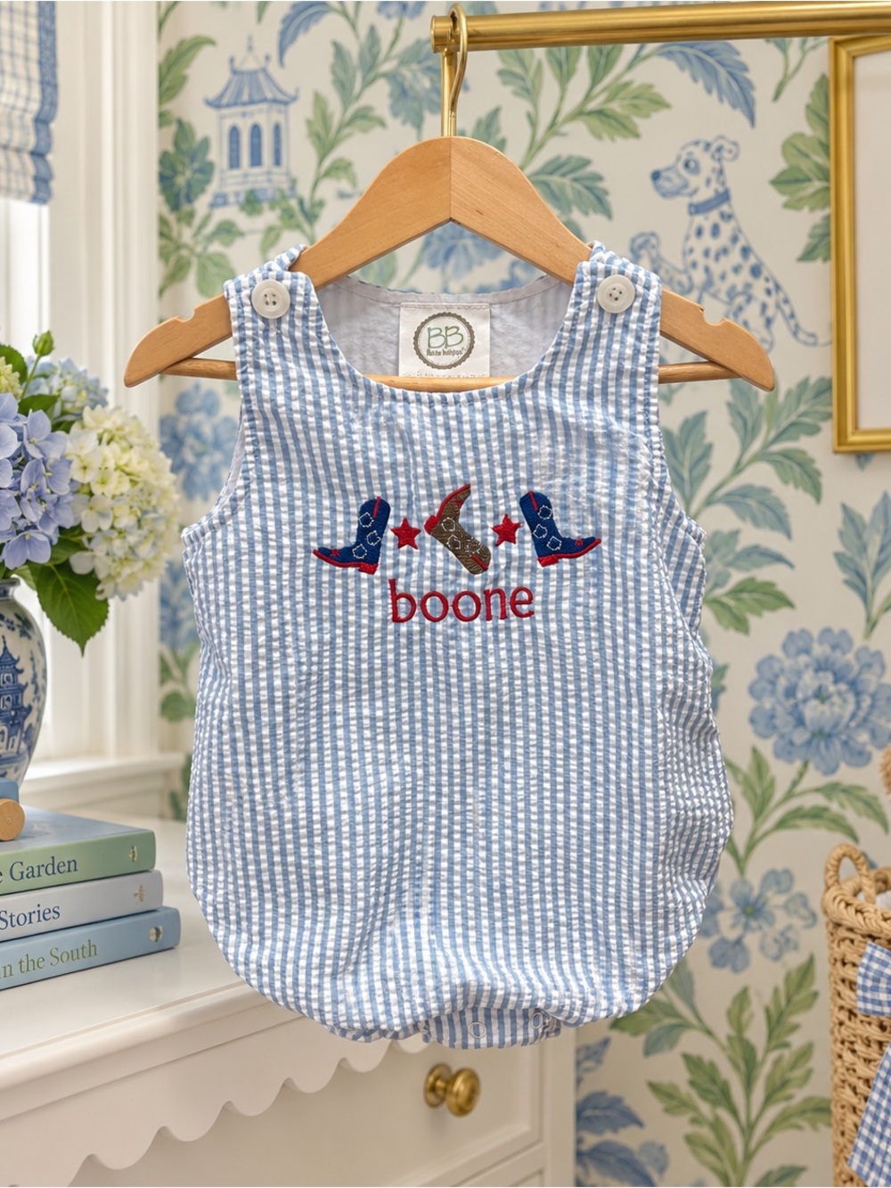 Boutique Blanks Blue Seersucker Embroidered Romper - Boone 2T